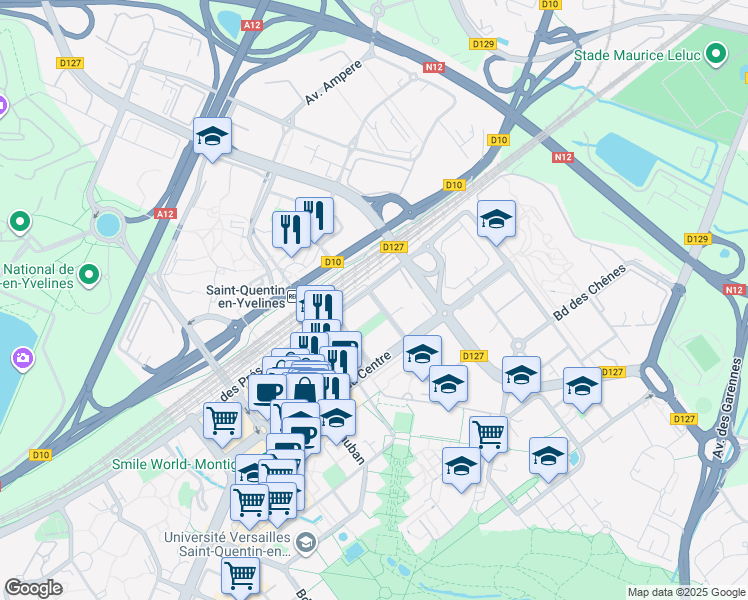map of restaurants, bars, coffee shops, grocery stores, and more near 2 Rue George Stephenson in Montigny-le-Bretonneux
