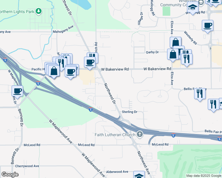 map of restaurants, bars, coffee shops, grocery stores, and more near 4015 Northwest Drive in Bellingham