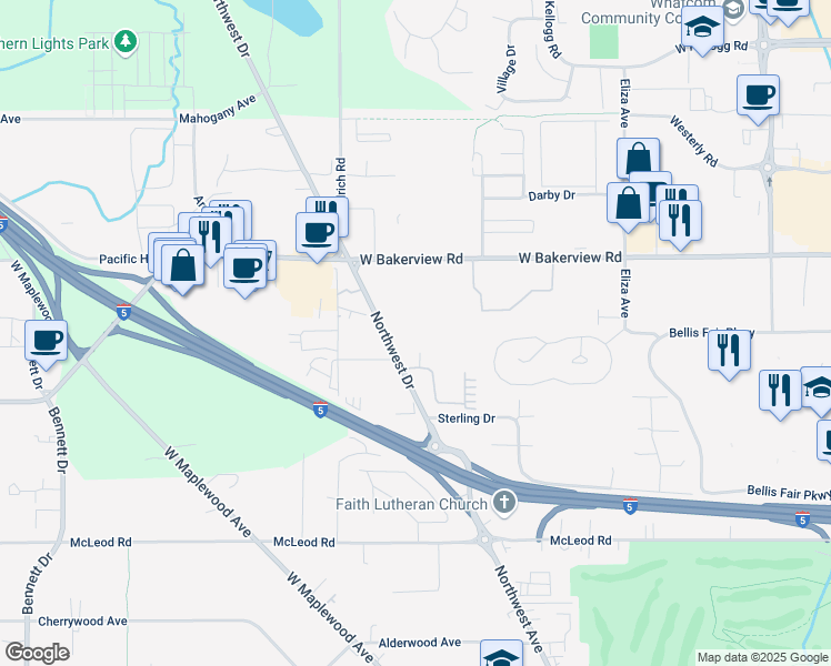 map of restaurants, bars, coffee shops, grocery stores, and more near 4002 Northwest Drive in Bellingham