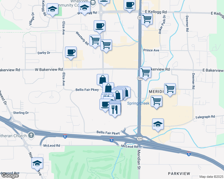 map of restaurants, bars, coffee shops, grocery stores, and more near 21 East Bellis Fair Parkway in Bellingham