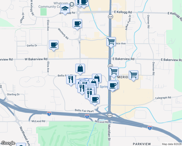 map of restaurants, bars, coffee shops, grocery stores, and more near 21 East Bellis Fair Parkway in Bellingham