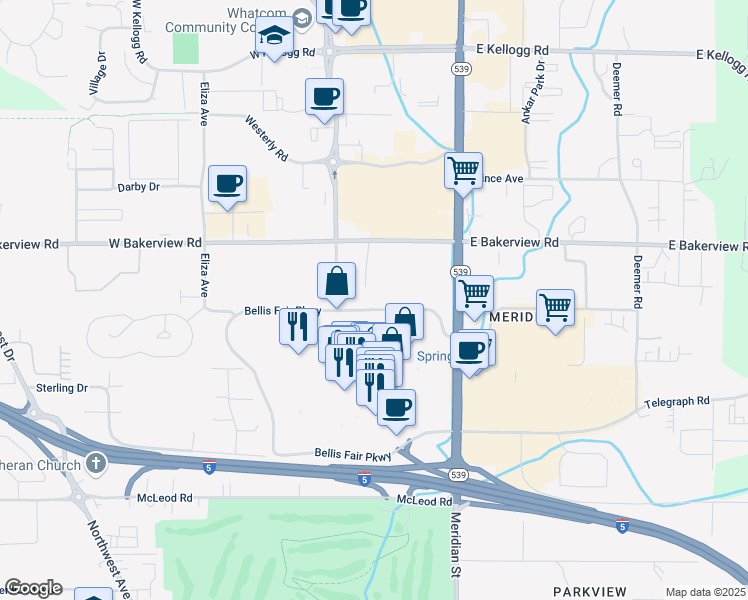 map of restaurants, bars, coffee shops, grocery stores, and more near 21 East Bellis Fair Parkway in Bellingham