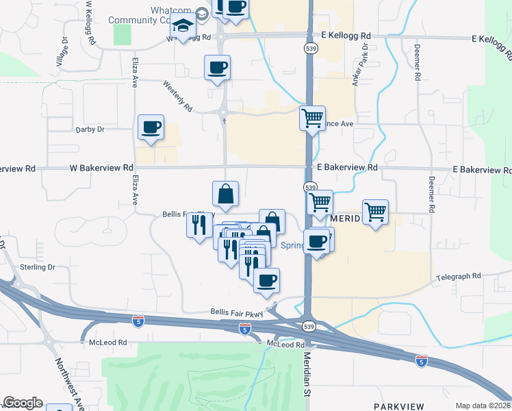 map of restaurants, bars, coffee shops, grocery stores, and more near 21 East Bellis Fair Parkway in Bellingham