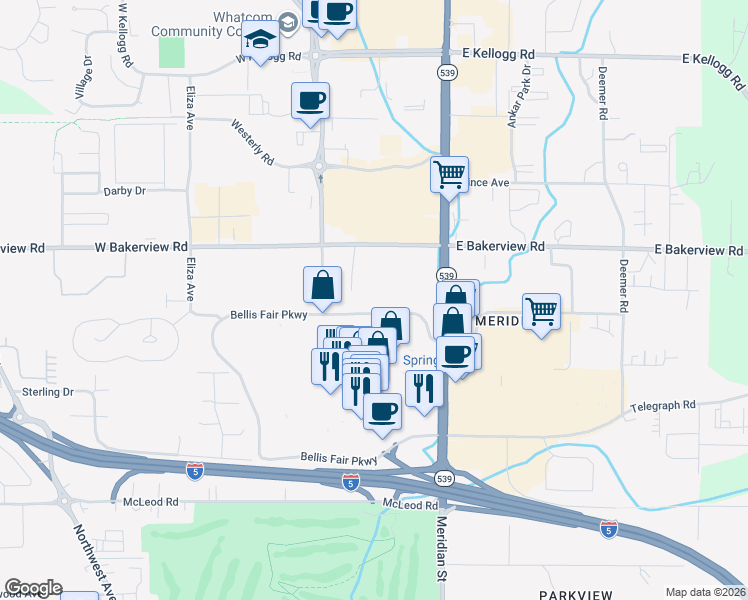 map of restaurants, bars, coffee shops, grocery stores, and more near in Bellingham