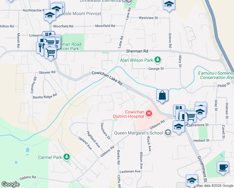 map of restaurants, bars, coffee shops, grocery stores, and more near 3003 Keystone Drive in Duncan