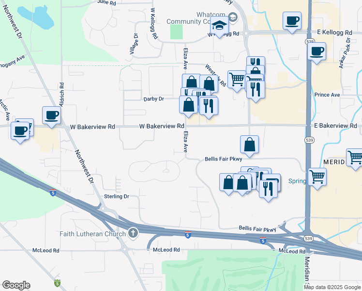 map of restaurants, bars, coffee shops, grocery stores, and more near 515 West Bakerview Road in Bellingham