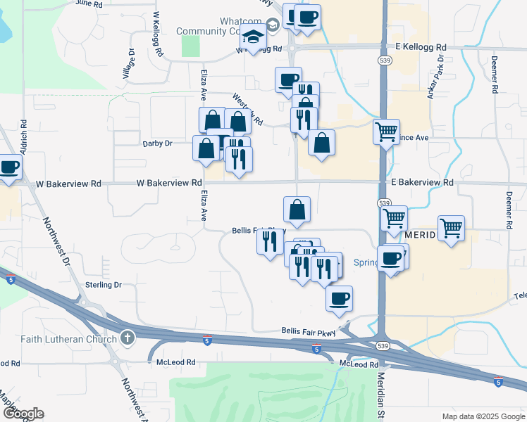 map of restaurants, bars, coffee shops, grocery stores, and more near 415 West Bakerview Road in Bellingham
