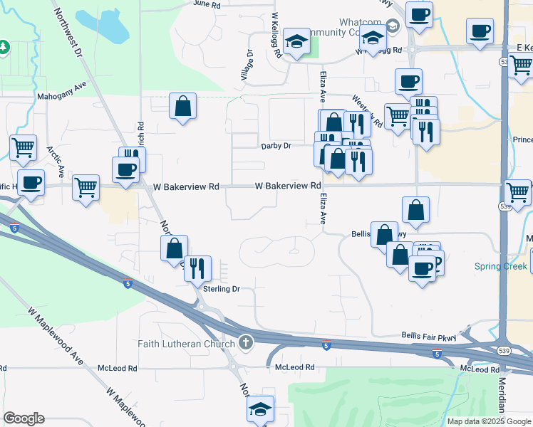 map of restaurants, bars, coffee shops, grocery stores, and more near 615 West Bakerview Road in Bellingham
