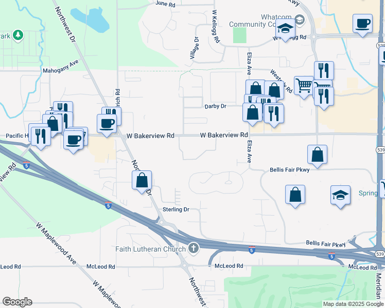 map of restaurants, bars, coffee shops, grocery stores, and more near 627 West Bakerview Road in Bellingham