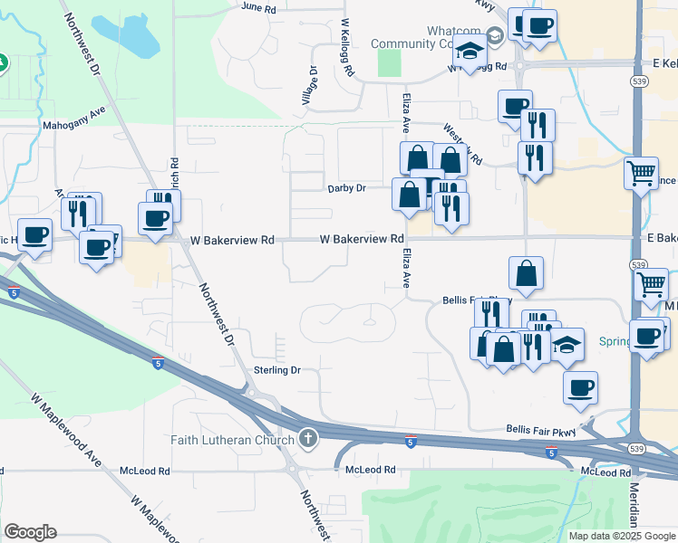 map of restaurants, bars, coffee shops, grocery stores, and more near 615 West Bakerview Road in Bellingham