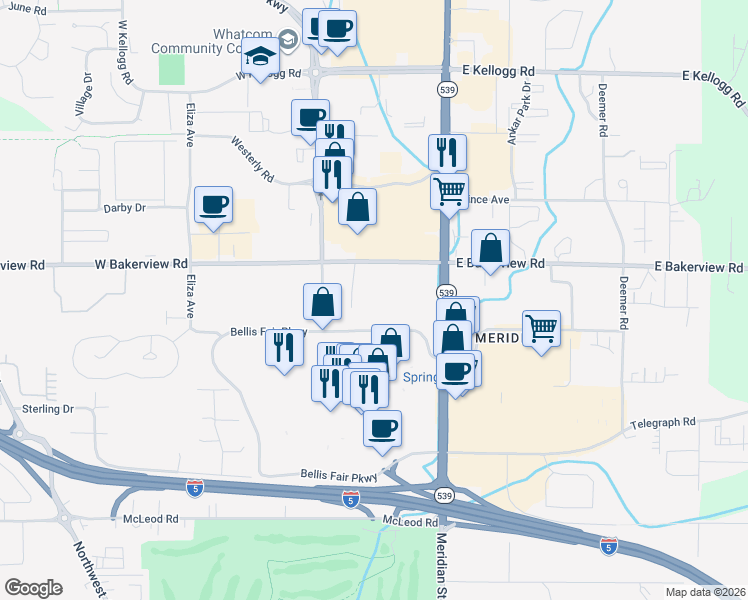 map of restaurants, bars, coffee shops, grocery stores, and more near 217 West Bakerview Road in Bellingham