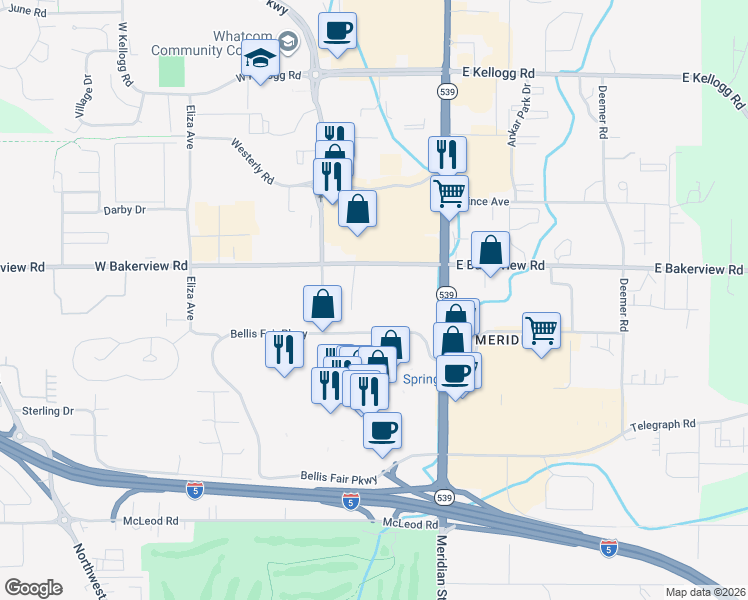 map of restaurants, bars, coffee shops, grocery stores, and more near 217 West Bakerview Road in Bellingham