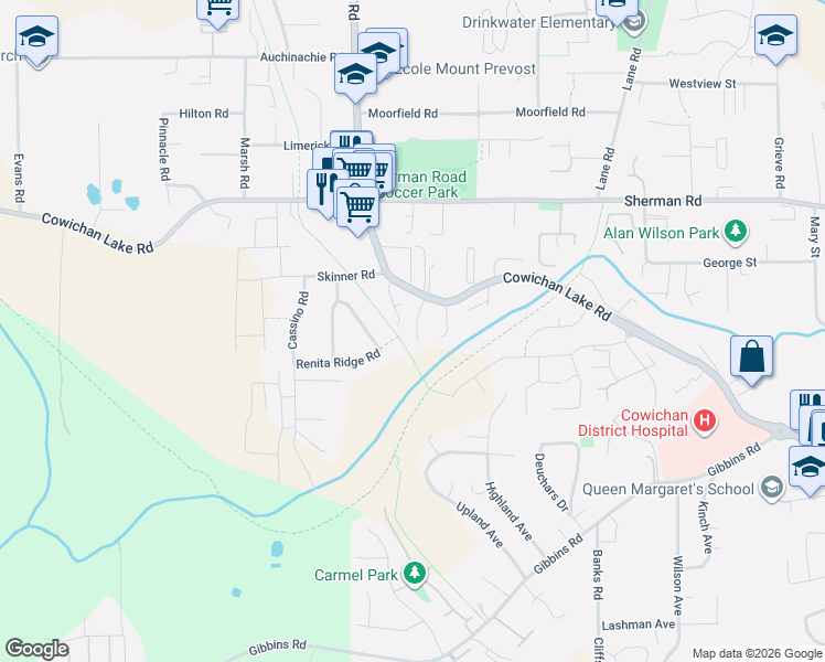 map of restaurants, bars, coffee shops, grocery stores, and more near 3242 Cowichan Lake Road in Duncan