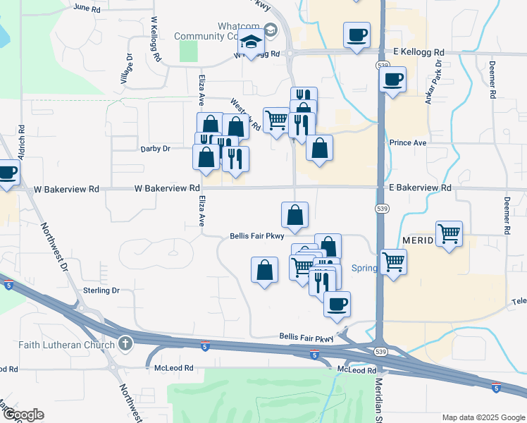 map of restaurants, bars, coffee shops, grocery stores, and more near 415 West Bakerview Road in Bellingham