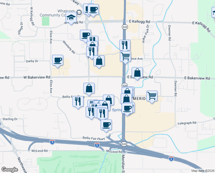 map of restaurants, bars, coffee shops, grocery stores, and more near 217 West Bakerview Road in Bellingham