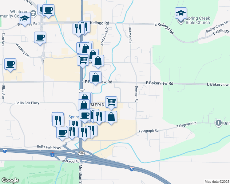 map of restaurants, bars, coffee shops, grocery stores, and more near 223 East Bakerview Road in Bellingham