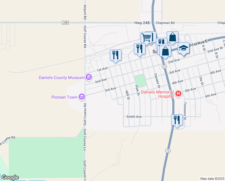 map of restaurants, bars, coffee shops, grocery stores, and more near 601 3rd Avenue in Scobey