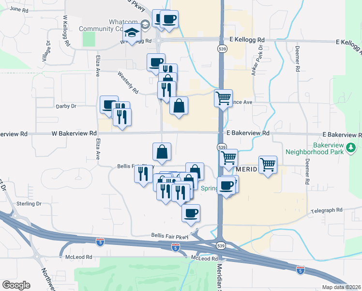 map of restaurants, bars, coffee shops, grocery stores, and more near 263 West Bakerview Road in Bellingham