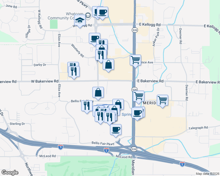 map of restaurants, bars, coffee shops, grocery stores, and more near 263 West Bakerview Road in Bellingham