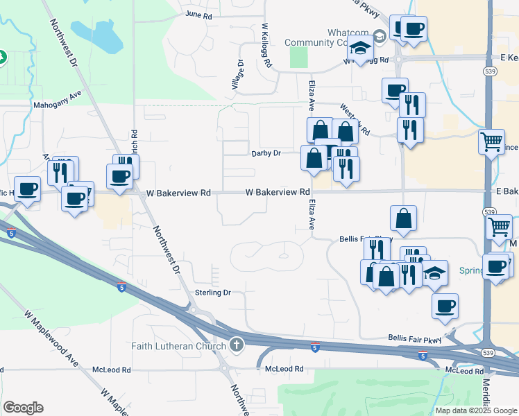 map of restaurants, bars, coffee shops, grocery stores, and more near 615 West Bakerview Road in Bellingham