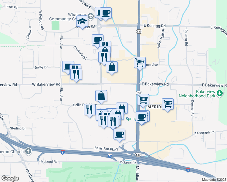 map of restaurants, bars, coffee shops, grocery stores, and more near 251 West Bakerview Road in Bellingham