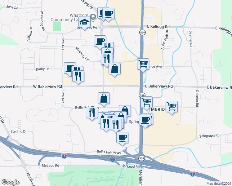 map of restaurants, bars, coffee shops, grocery stores, and more near 263 West Bakerview Road in Bellingham