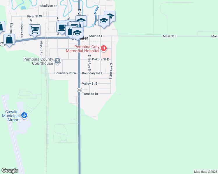 map of restaurants, bars, coffee shops, grocery stores, and more near 501 3rd Avenue Southeast in Cavalier