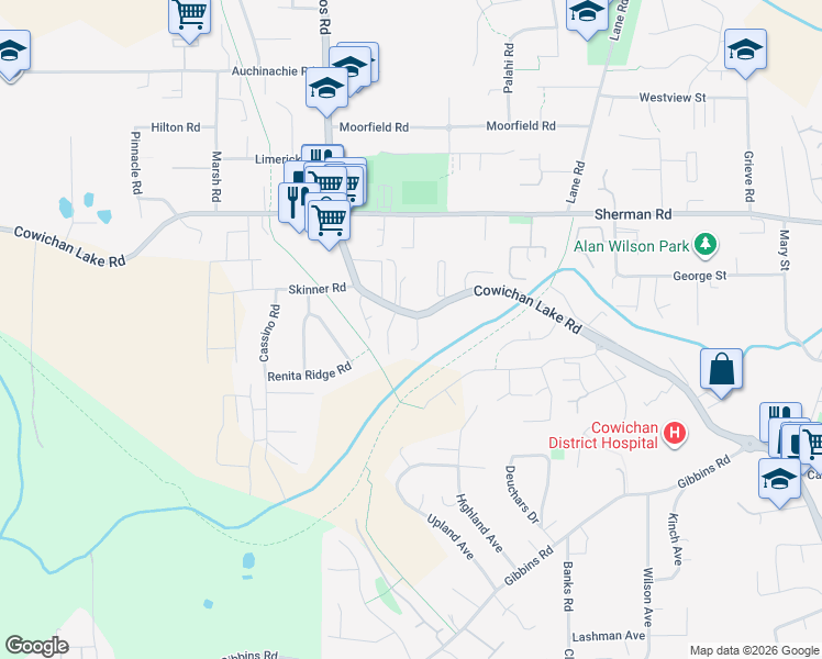 map of restaurants, bars, coffee shops, grocery stores, and more near 3226 Cowichan Lake Road in Duncan
