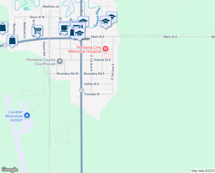 map of restaurants, bars, coffee shops, grocery stores, and more near 501 3rd Avenue Southeast in Cavalier