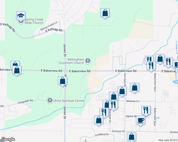 map of restaurants, bars, coffee shops, grocery stores, and more near East Bakerview Road in Bellingham