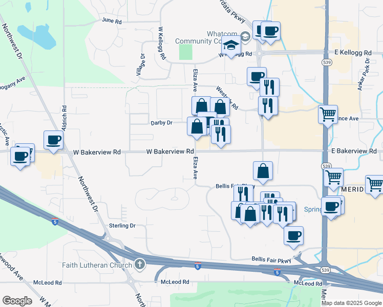 map of restaurants, bars, coffee shops, grocery stores, and more near 515 West Bakerview Road in Bellingham