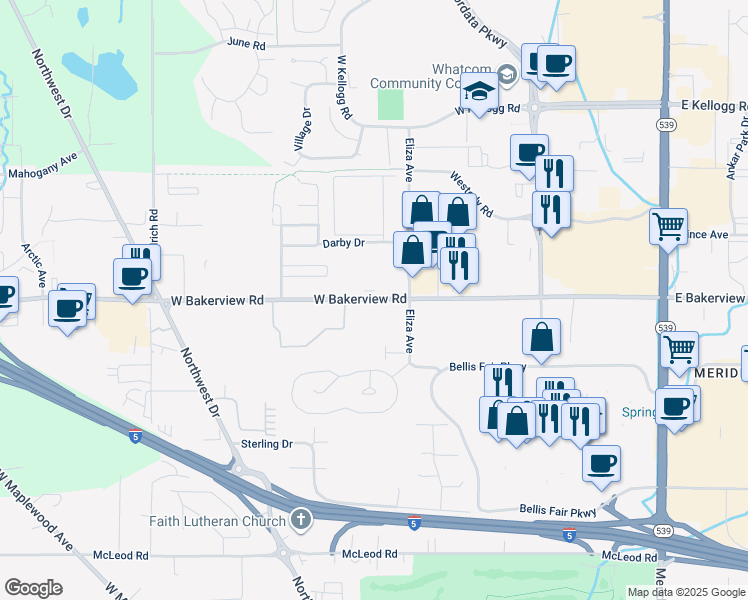 map of restaurants, bars, coffee shops, grocery stores, and more near 553 West Bakerview Road in Bellingham