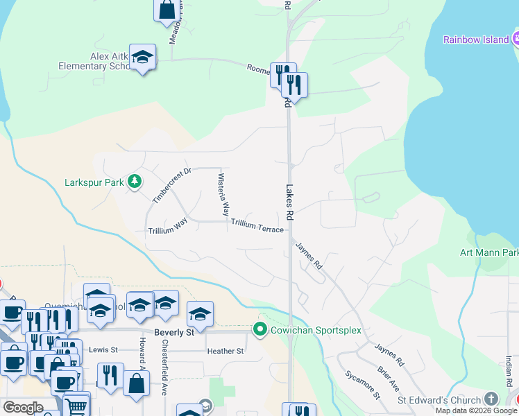 map of restaurants, bars, coffee shops, grocery stores, and more near 6043 Camass Place in Duncan
