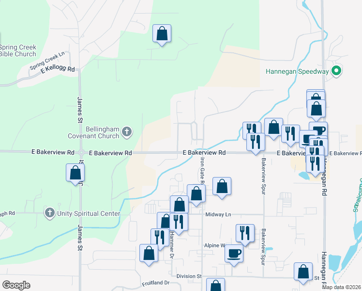 map of restaurants, bars, coffee shops, grocery stores, and more near 4108 Kramer Lane in Bellingham