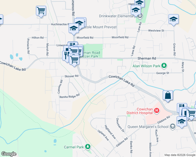 map of restaurants, bars, coffee shops, grocery stores, and more near 3215 Cowichan Lake Road in Duncan