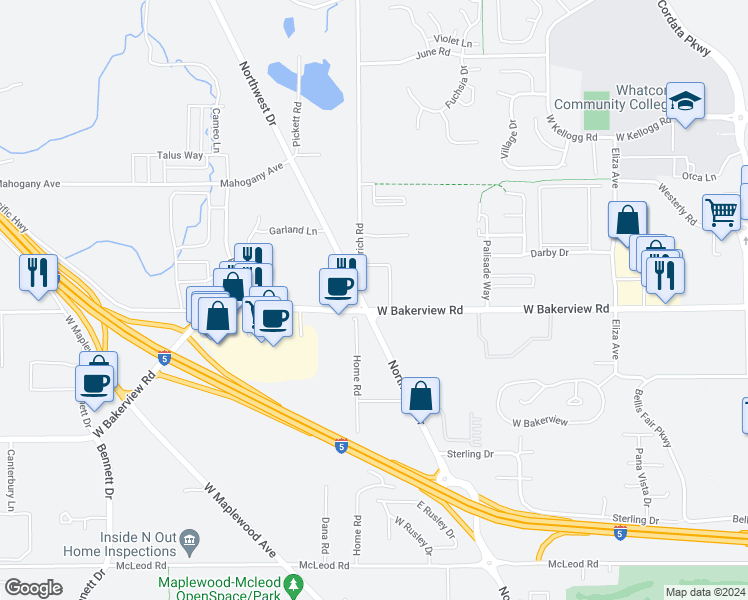 map of restaurants, bars, coffee shops, grocery stores, and more near 920 West Bakerview Road in Bellingham