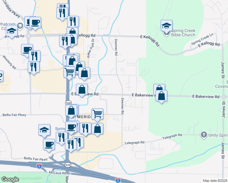 map of restaurants, bars, coffee shops, grocery stores, and more near 360 East Bakerview Road in Bellingham