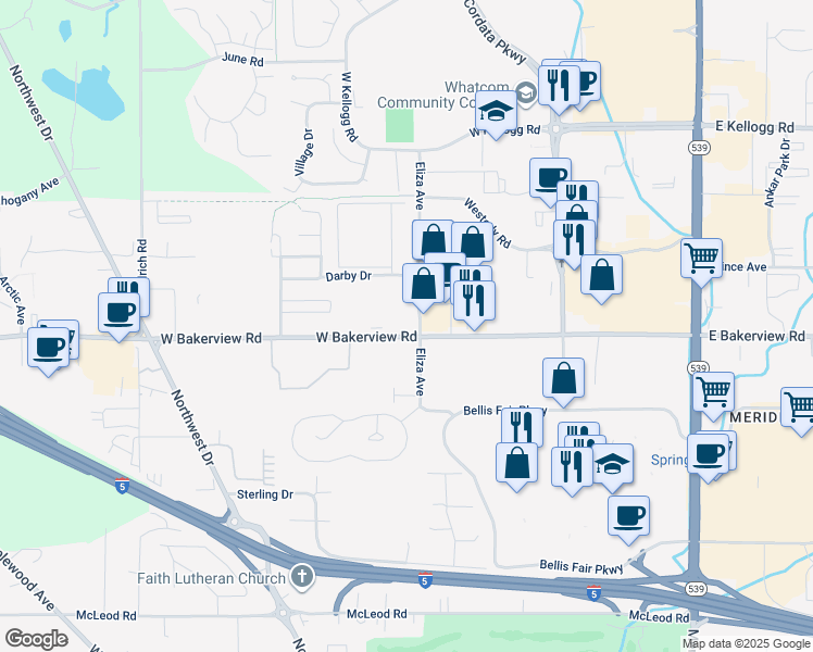 map of restaurants, bars, coffee shops, grocery stores, and more near 522 West Bakerview Road in Bellingham