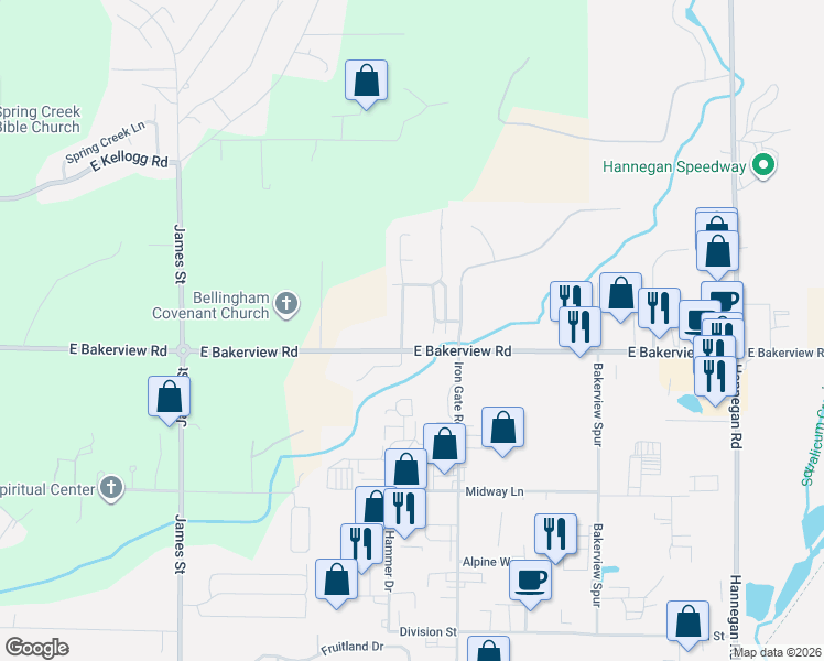 map of restaurants, bars, coffee shops, grocery stores, and more near 4132 Kramer Lane in Bellingham