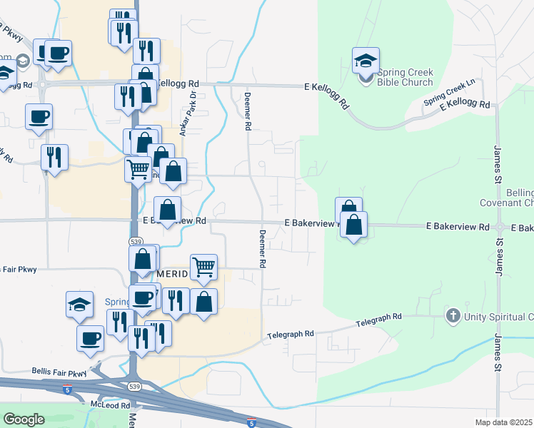 map of restaurants, bars, coffee shops, grocery stores, and more near 4114 Deemer Road in Bellingham