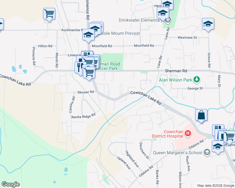 map of restaurants, bars, coffee shops, grocery stores, and more near 3215 Cowichan Lake Road in Duncan