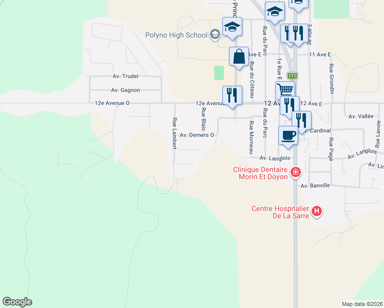 map of restaurants, bars, coffee shops, grocery stores, and more near 13 Avenue Bourget in La Sarre