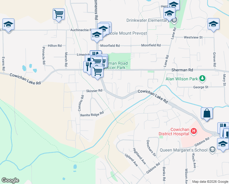 map of restaurants, bars, coffee shops, grocery stores, and more near 3251 Cowichan Lake Road in Duncan