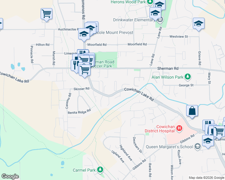 map of restaurants, bars, coffee shops, grocery stores, and more near 3215 Cowichan Lake Road in Duncan
