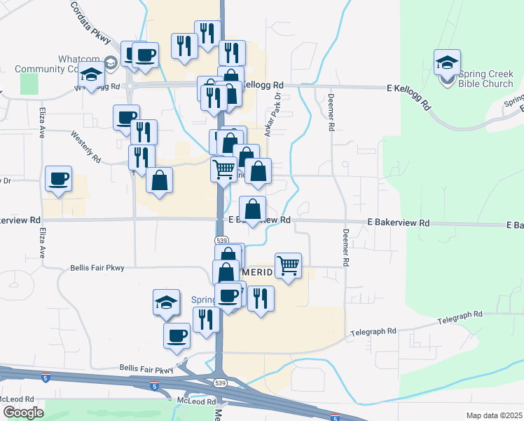 map of restaurants, bars, coffee shops, grocery stores, and more near 194 East Bakerview Road in Bellingham