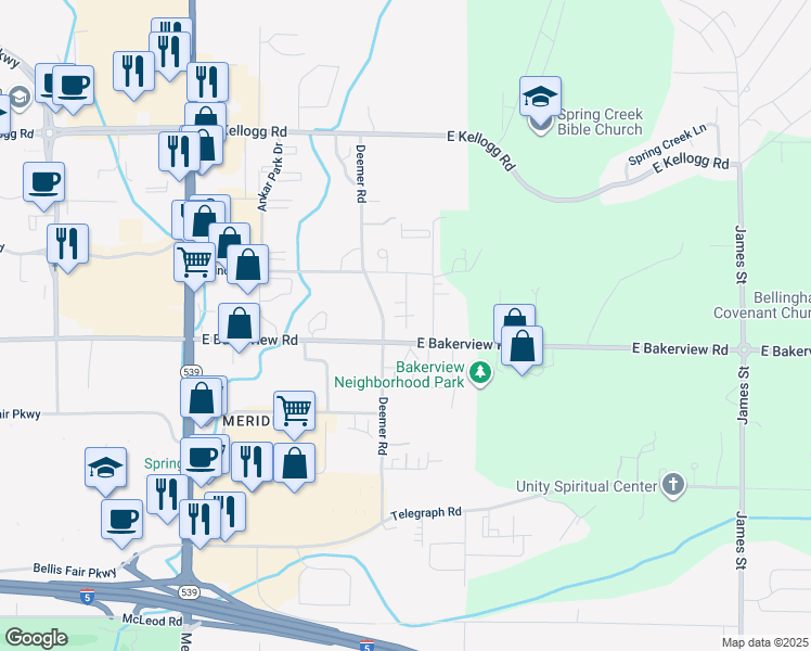 map of restaurants, bars, coffee shops, grocery stores, and more near 4114 Deemer Road in Bellingham