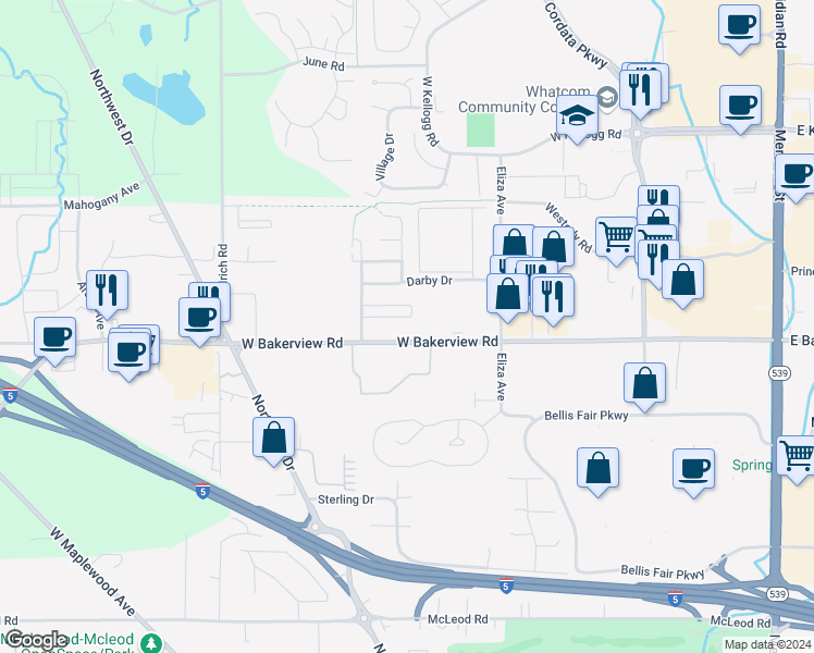 map of restaurants, bars, coffee shops, grocery stores, and more near 605 Sunflower Lane in Bellingham