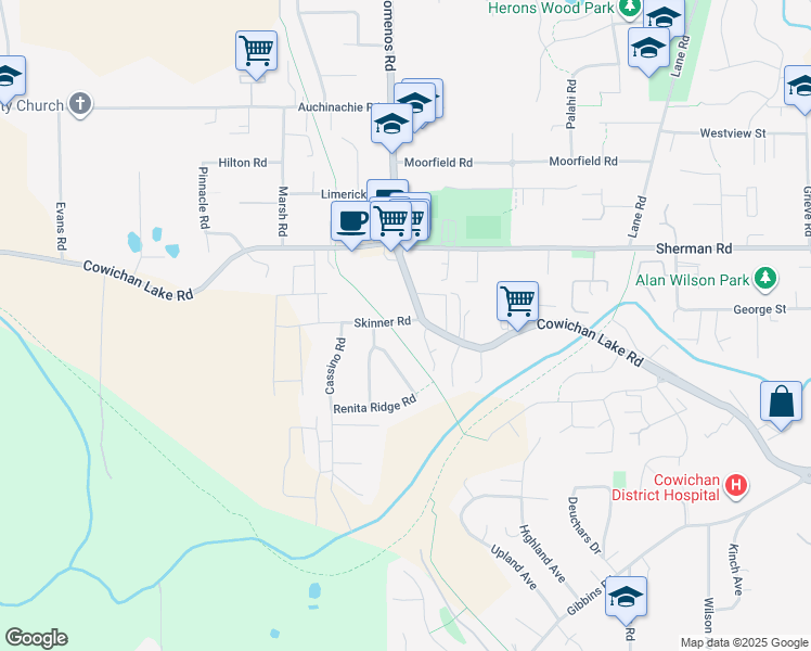 map of restaurants, bars, coffee shops, grocery stores, and more near 3288 Cowichan Lake Road in Duncan