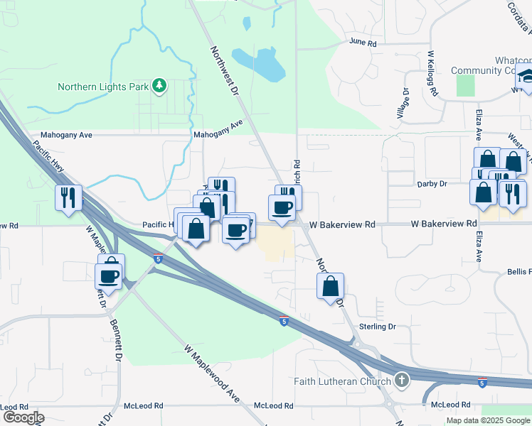 map of restaurants, bars, coffee shops, grocery stores, and more near 4145 Northwest Drive in Bellingham