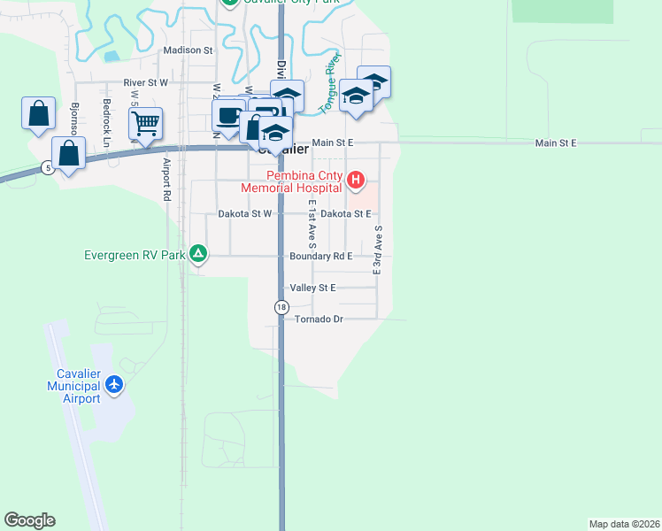map of restaurants, bars, coffee shops, grocery stores, and more near 205 Boundary Road East in Cavalier